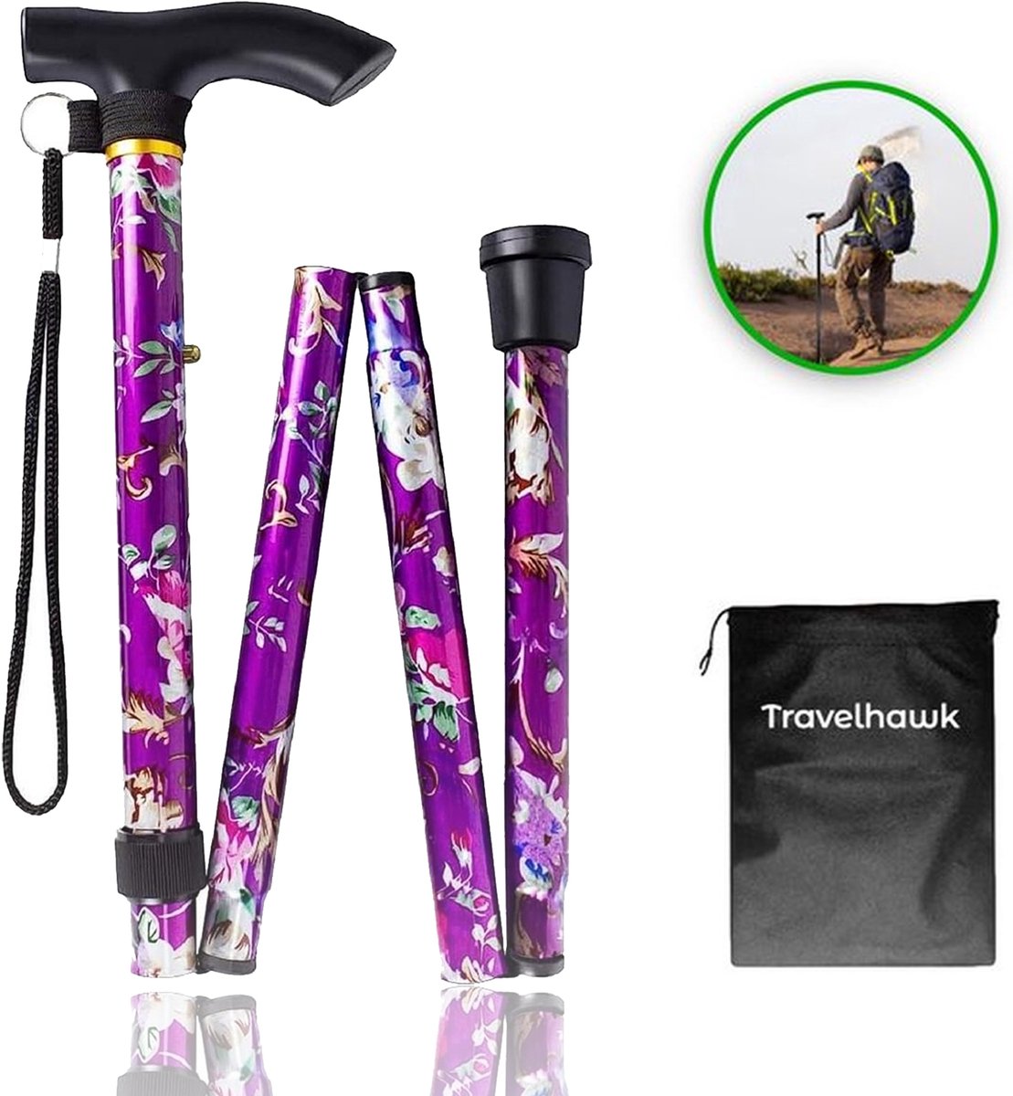 Travelhawk opvouwbare wandelstok met paarse bloemenprint en opbergzakje