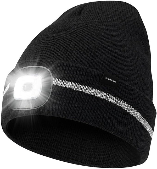 Zwarte Travelhawk wintermuts met LED-lamp en reflecterende streep