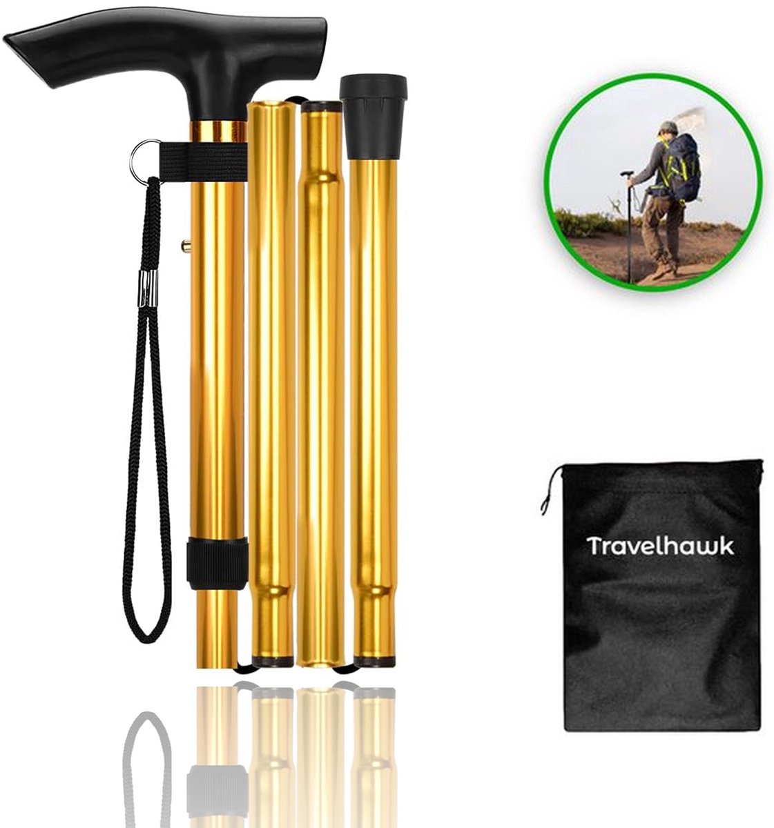 Travelhawk opvouwbare wandelstok in goud met opbergzakje