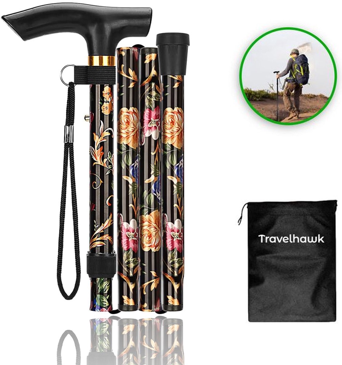 Travelhawk opvouwbare wandelstok met zwart-goud bloemenprint en opbergzakje