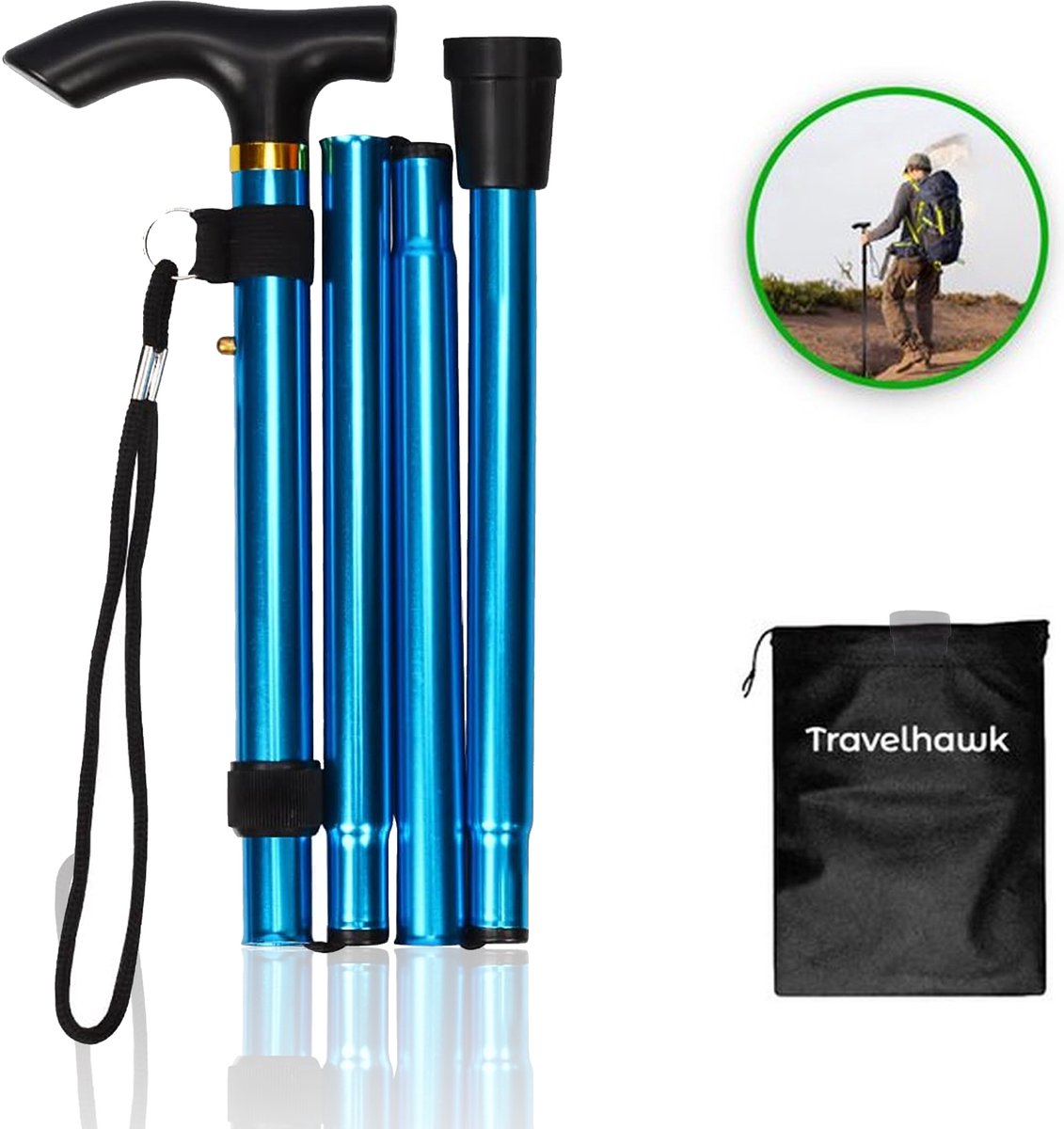 Travelhawk opvouwbare wandelstok in metallic blauw met opbergzakje