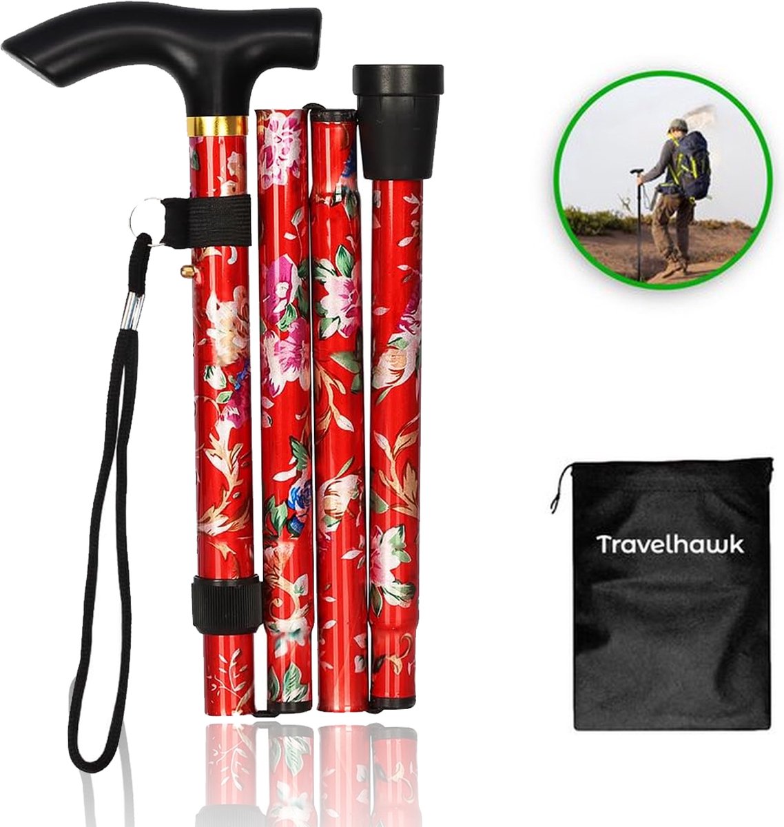 Travelhawk opvouwbare wandelstok met rode bloemenprint en opbergzakje