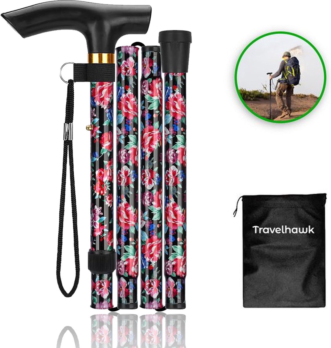 Travelhawk opvouwbare wandelstok met roze bloemenprint en opbergzakje