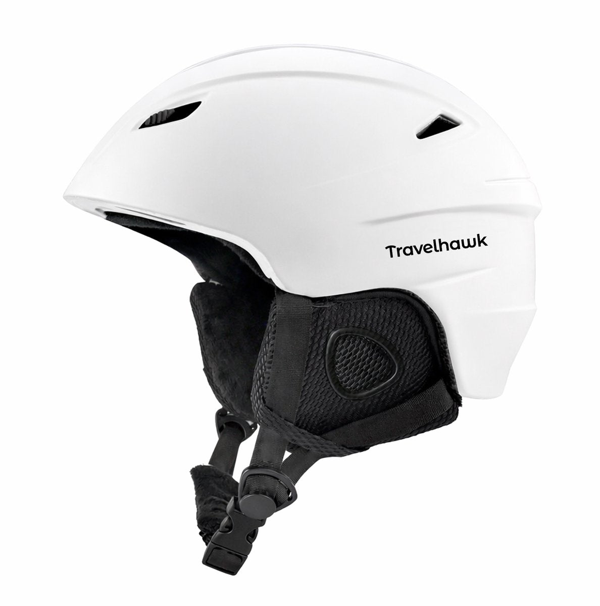 Witte Travelhawk skihelm met zwarte oorbeschermers en kinband