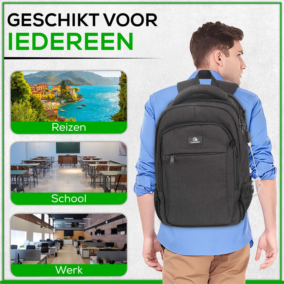 Travelhawk Rugzak – Laptop Rugzak met USB-poort