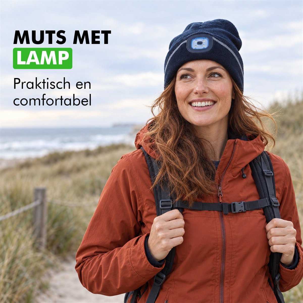 Details van de muts: uitneembare lamp, USB-oplaadbare accu en afneembare lampmodule