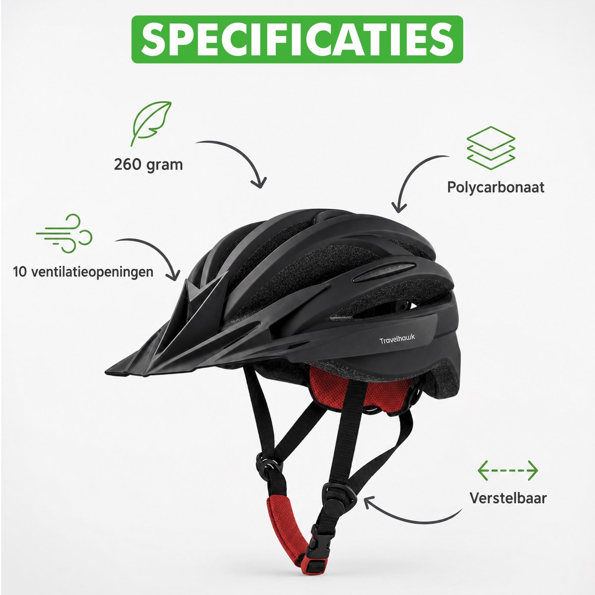 Specificaties van de helm: polycarbonaat schaal, 10 ventilatieopeningen en verstelbare pasvorm