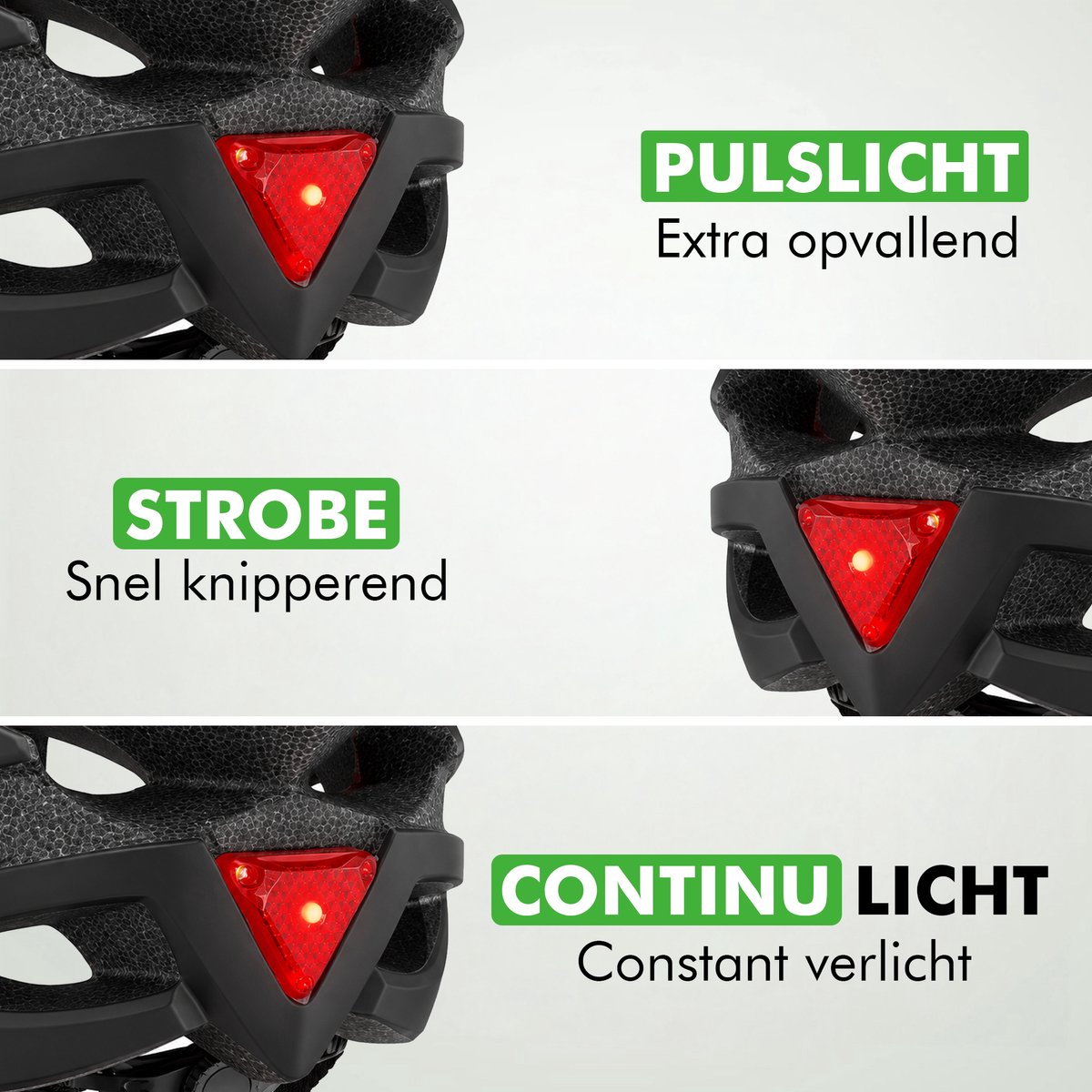 Het achterlicht van de helm met drie standen: pulslicht, strobe en continu licht