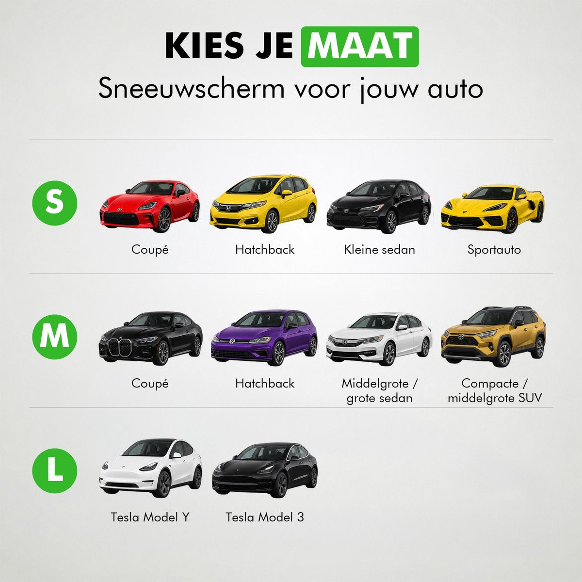 Maatwijzer: maat Large is geschikt voor onder meer de Tesla Model Y en Model 3