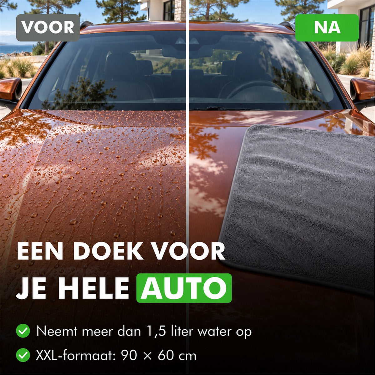 Autoruit voor en na het drogen met de microvezeldoek