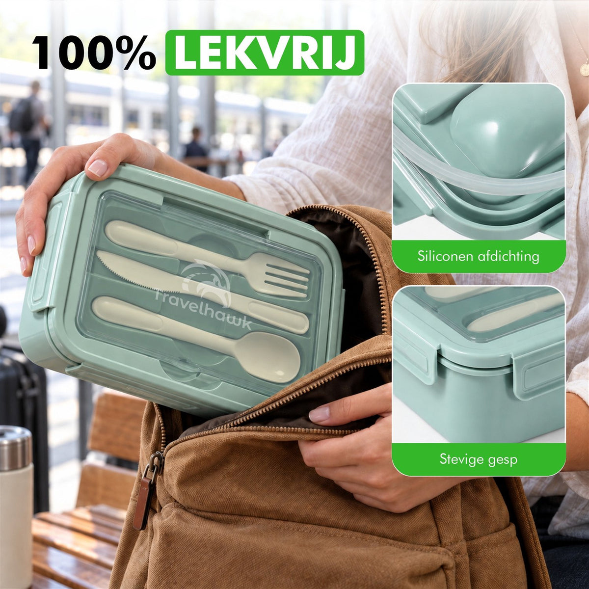 Lekvrije lunchbox met siliconen afdichting, gedragen in een schoudertas