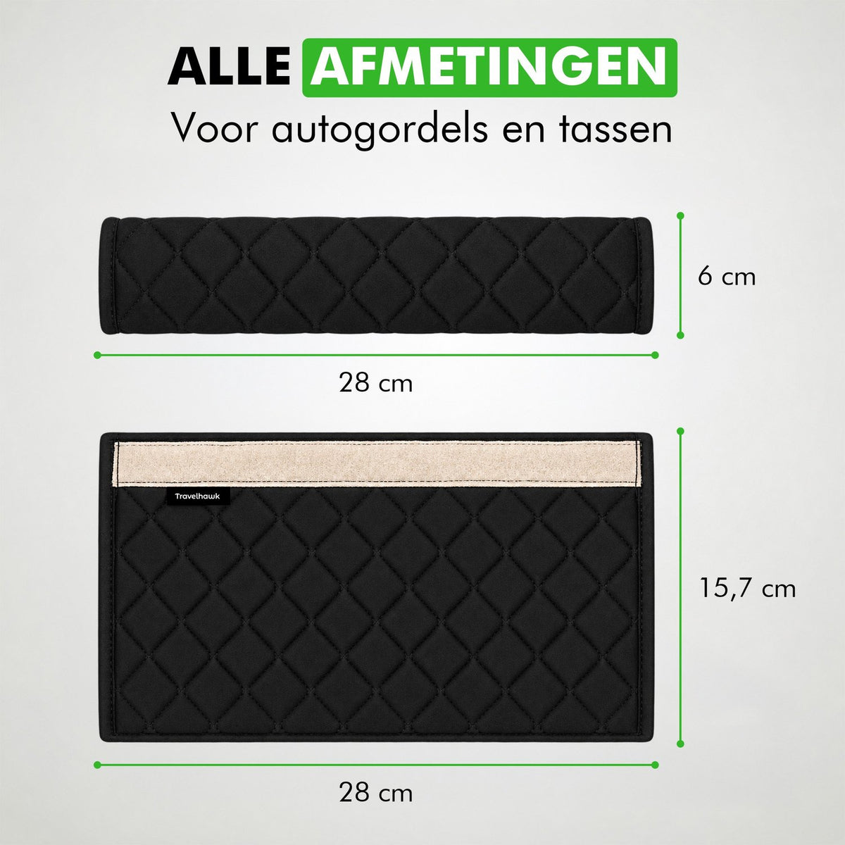 Afmetingen van de gordelhoes: 28 bij 6 centimeter om de gordel en 28 bij 15,7 centimeter uitgevouwen