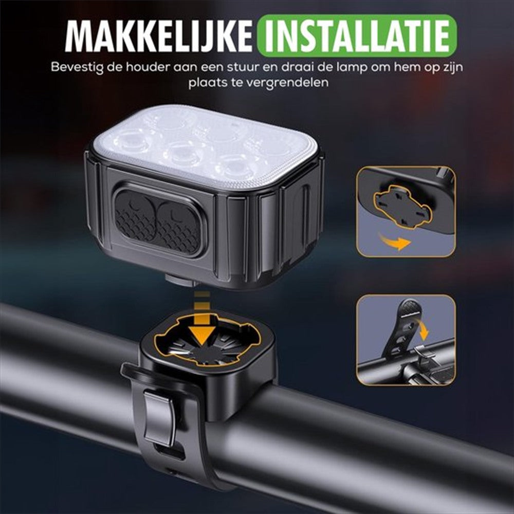 Close-up van Travelhawk LED fietsverlichting voorlicht en achterlicht