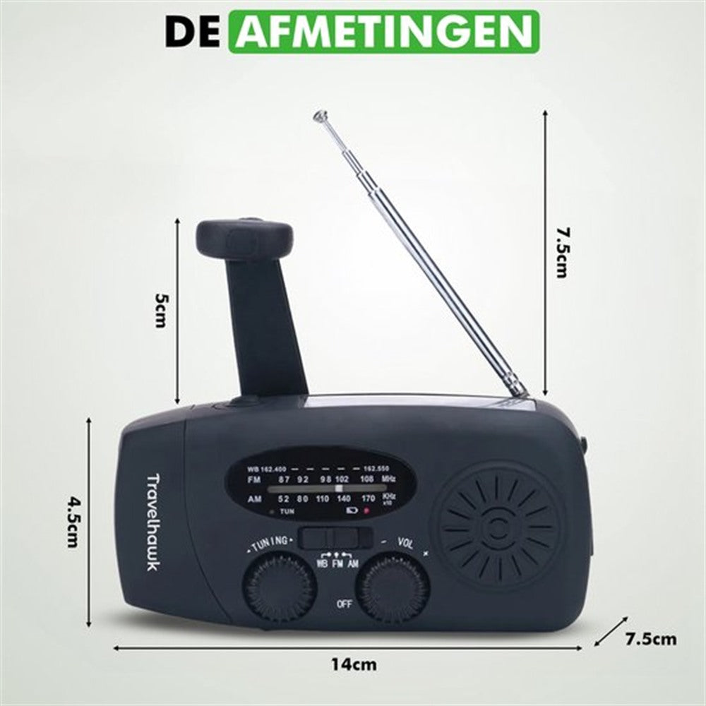 Close-up van zaklamp en SOS-alarm van Travelhawk noodradio