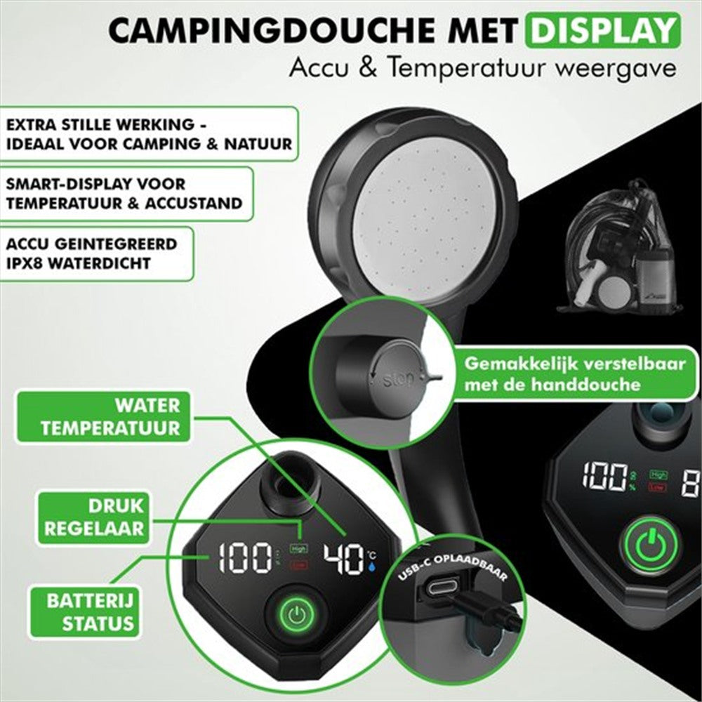 Detail van douchekop en waterstraal van elektrische campingdouche