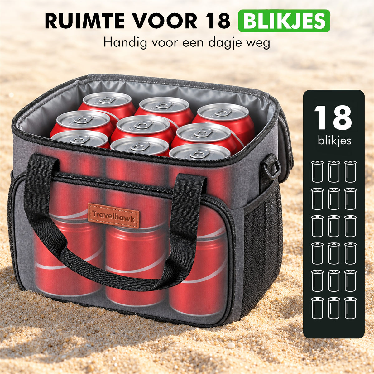 Travelhawk koeltas biedt ruimte voor 18 blikjes