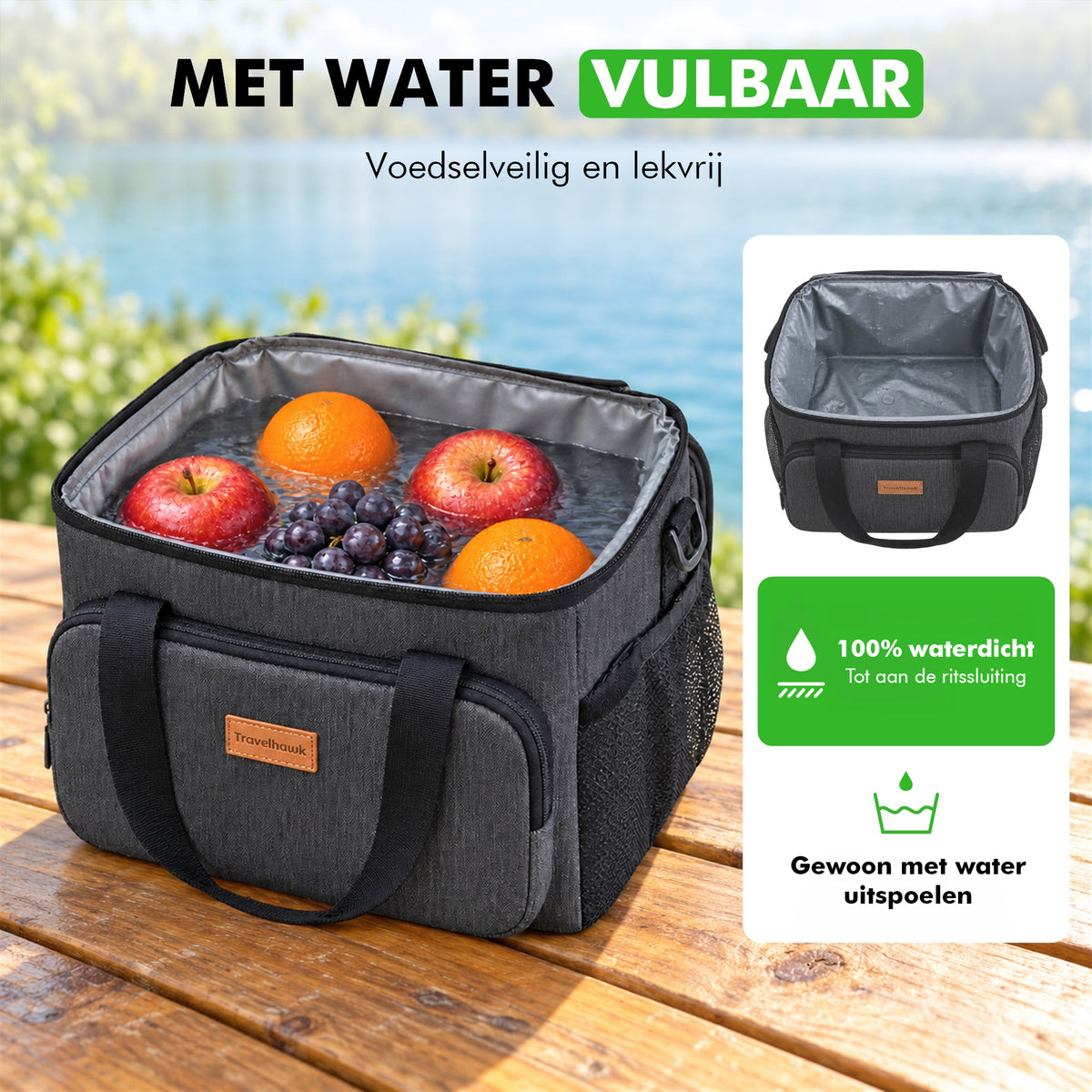 Travelhawk koeltas gevuld met fruit en drinken