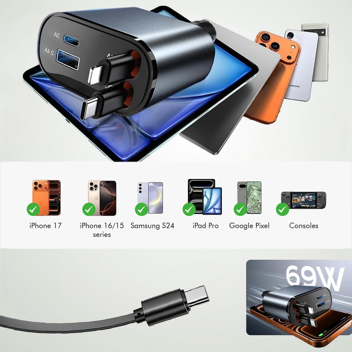 Travelhawk autolader USB C Lightning