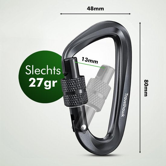 Travelhawk karabijnhaak zwart side-view aluminium haak