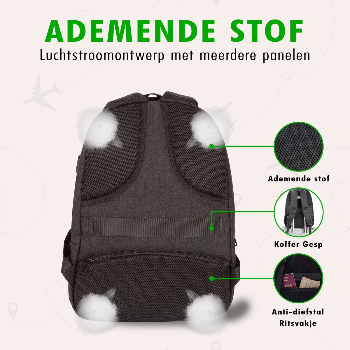 Travelhawk laptoprugzak tot 15,6 inch met USB-poort ideaal voor werk en studie