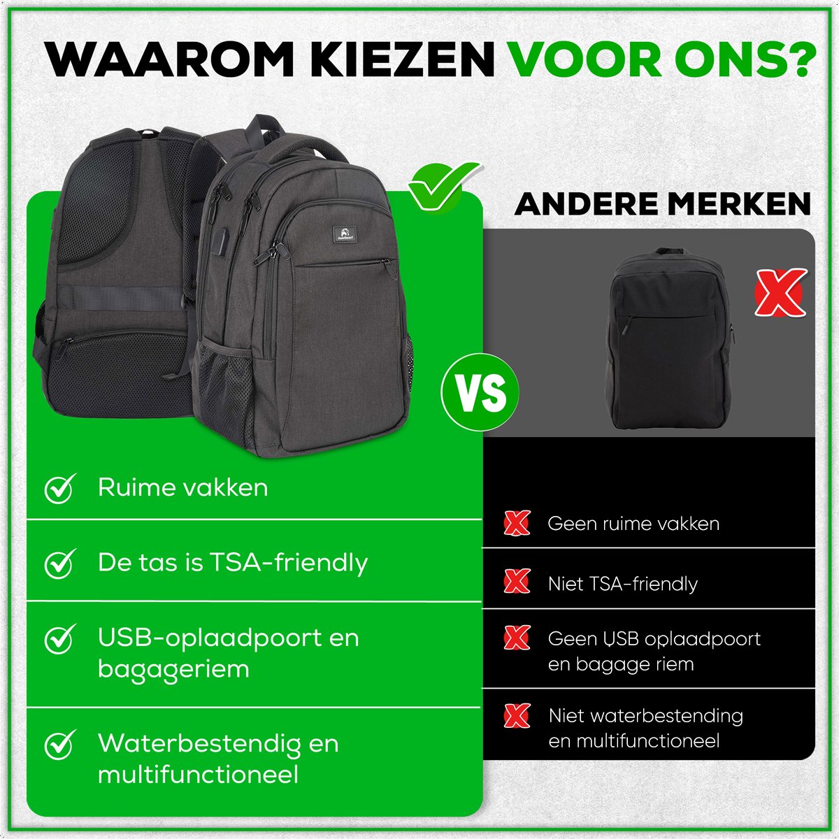 Travelhawk rugzak met verborgen anti-diefstalvak voor veilige opslag van waardevolle spullen