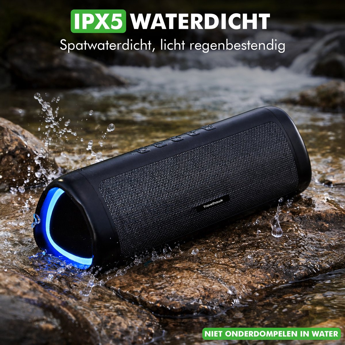 Travelhawk waterproof Bluetooth speaker IPX5 getest met spatwater