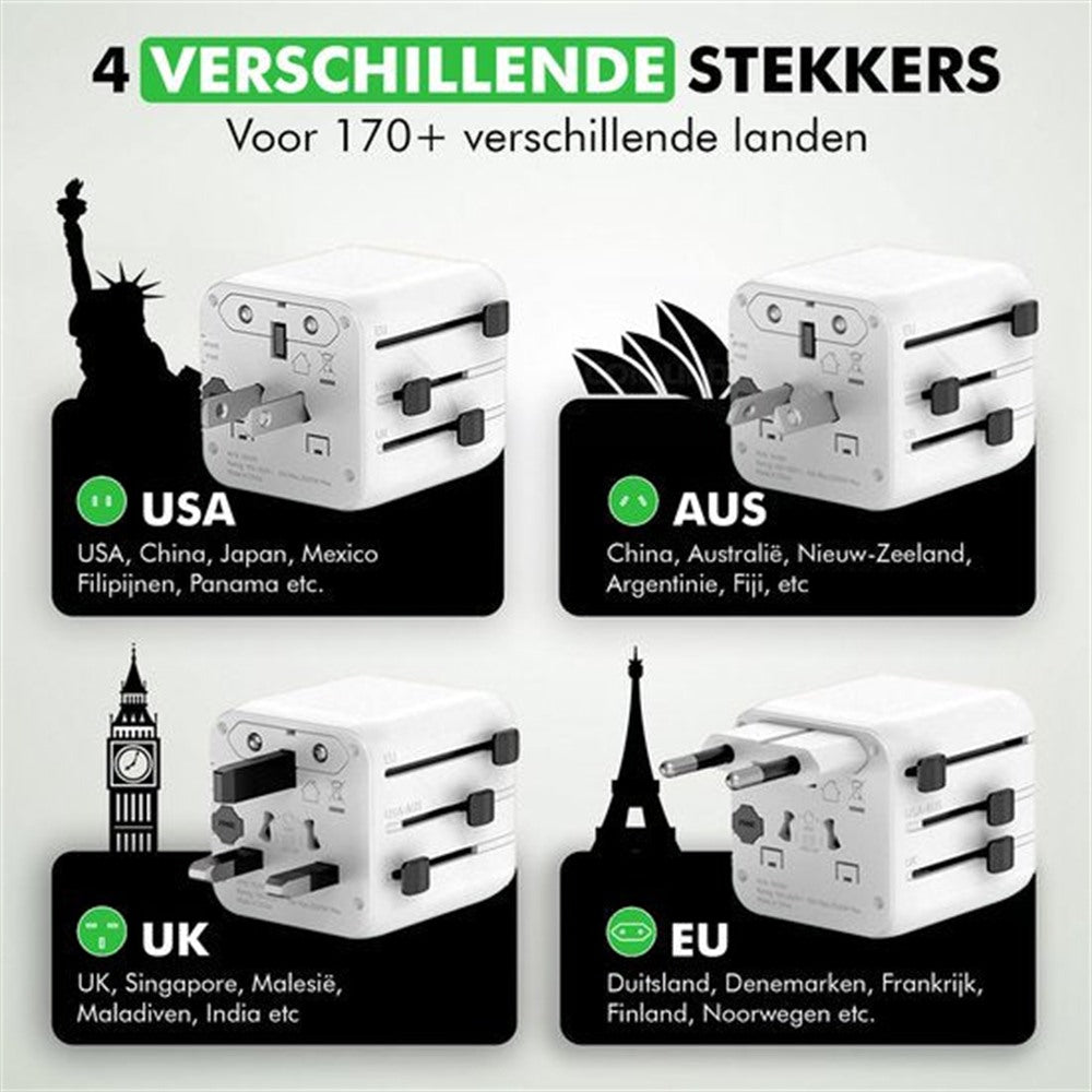 Travelhawk wereldstekker meerdere plugtypen voor 150+ landen