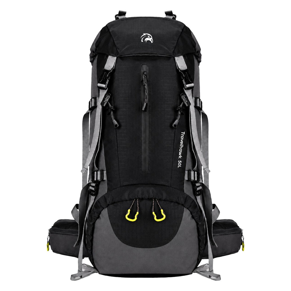 Zwarte Travelhawk backpack 50 liter, vooraanzicht