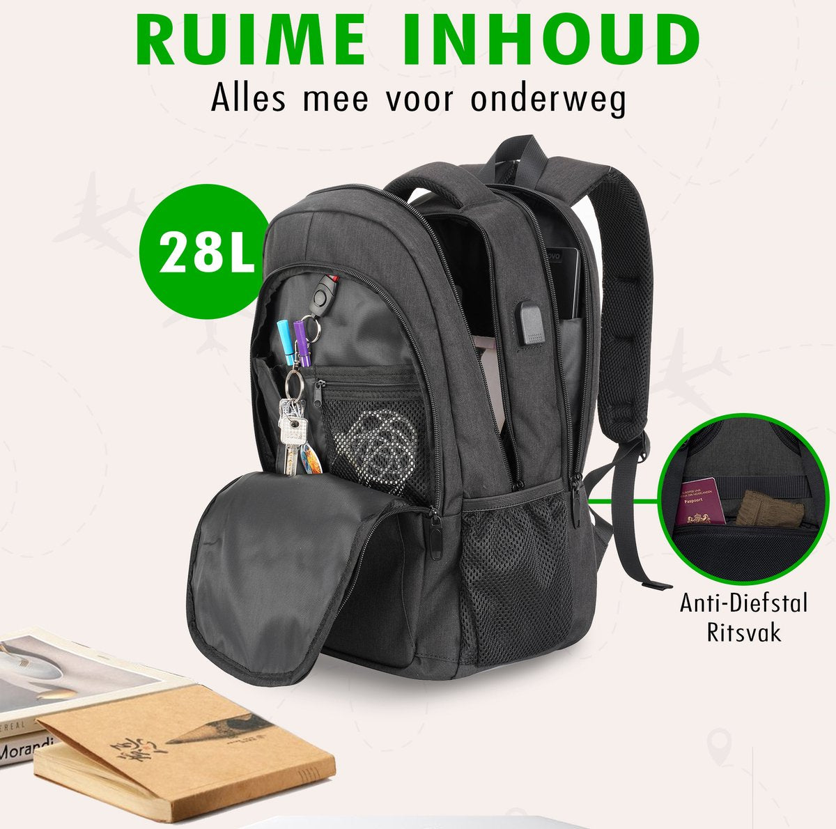 close-up van usb-poort travelhawk rugzak