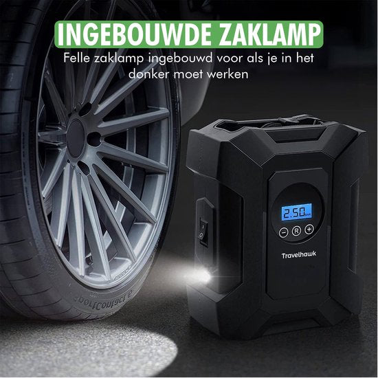 compacte travelhawk bandenpomp aangesloten op autoband