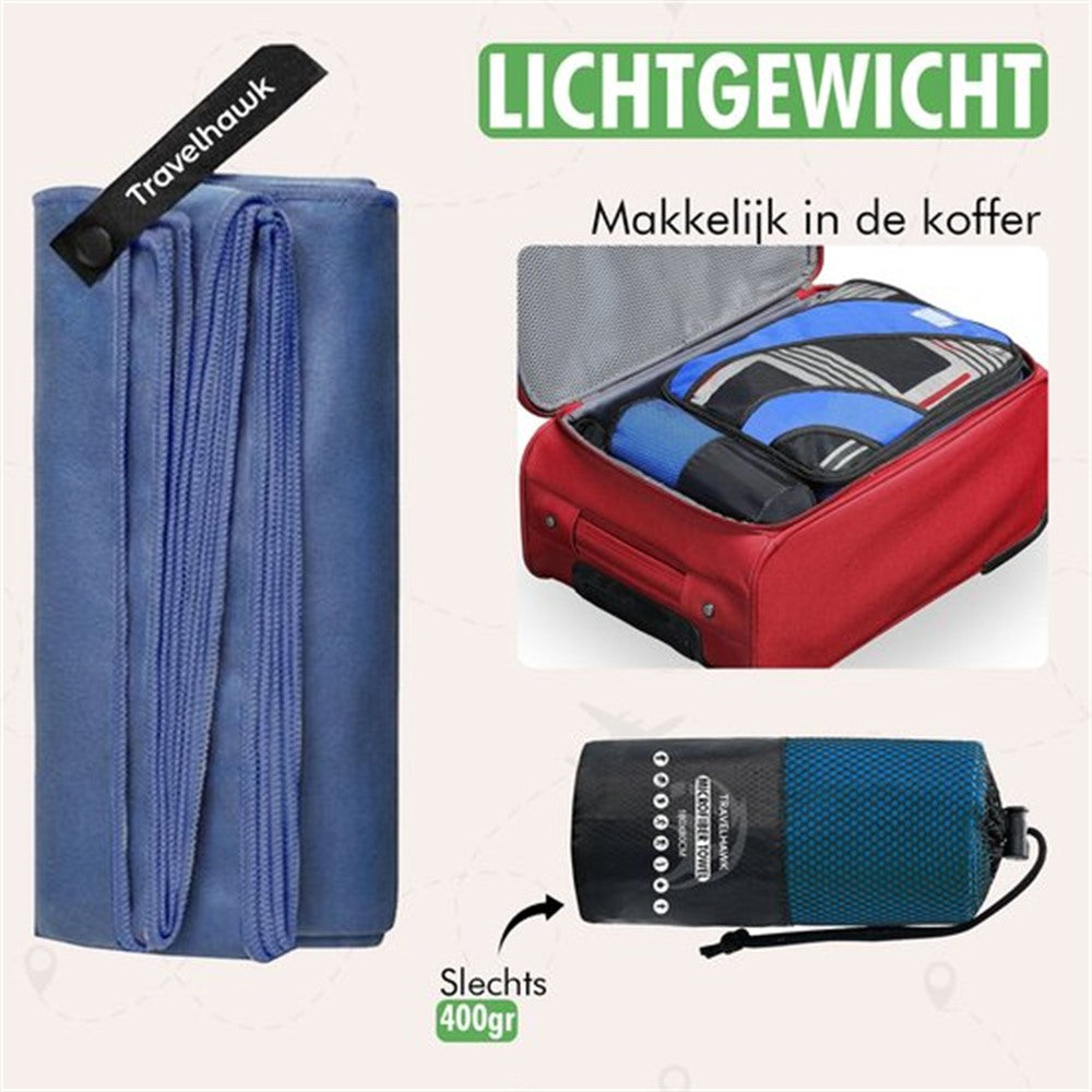 compacte travelhawk handdoek opgerold in reistas