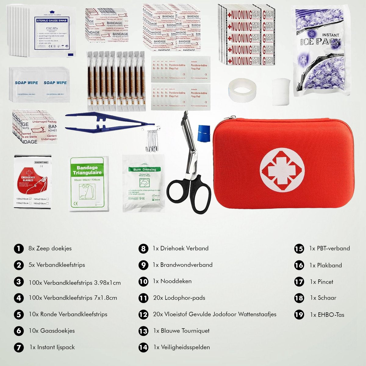 Inhoud van de Travelhawk EHBO-kit met rode etui, verband, pleisters en schaar