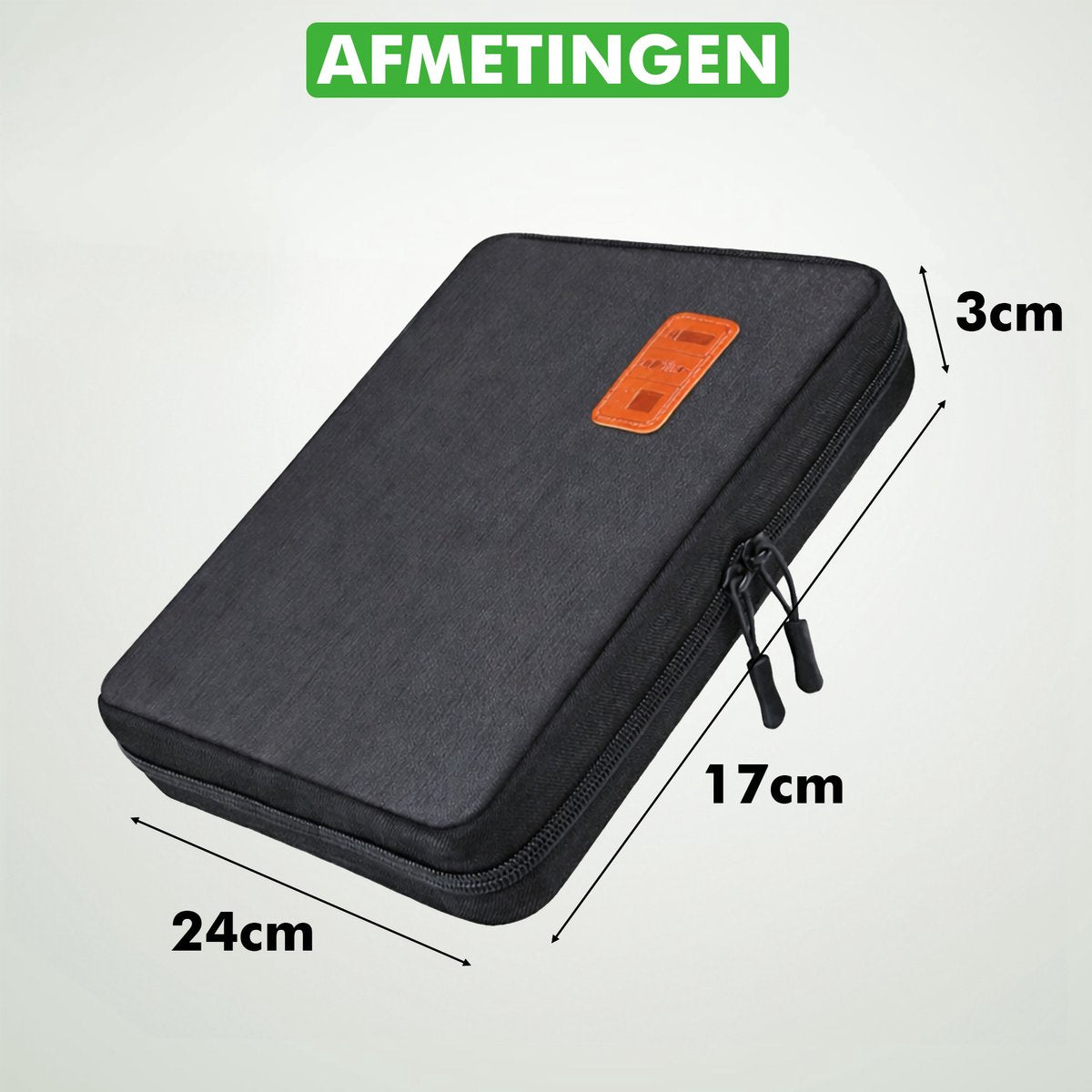 Afmetingen van de Travelhawk kabel organizer: 24 x 17 x 3 cm