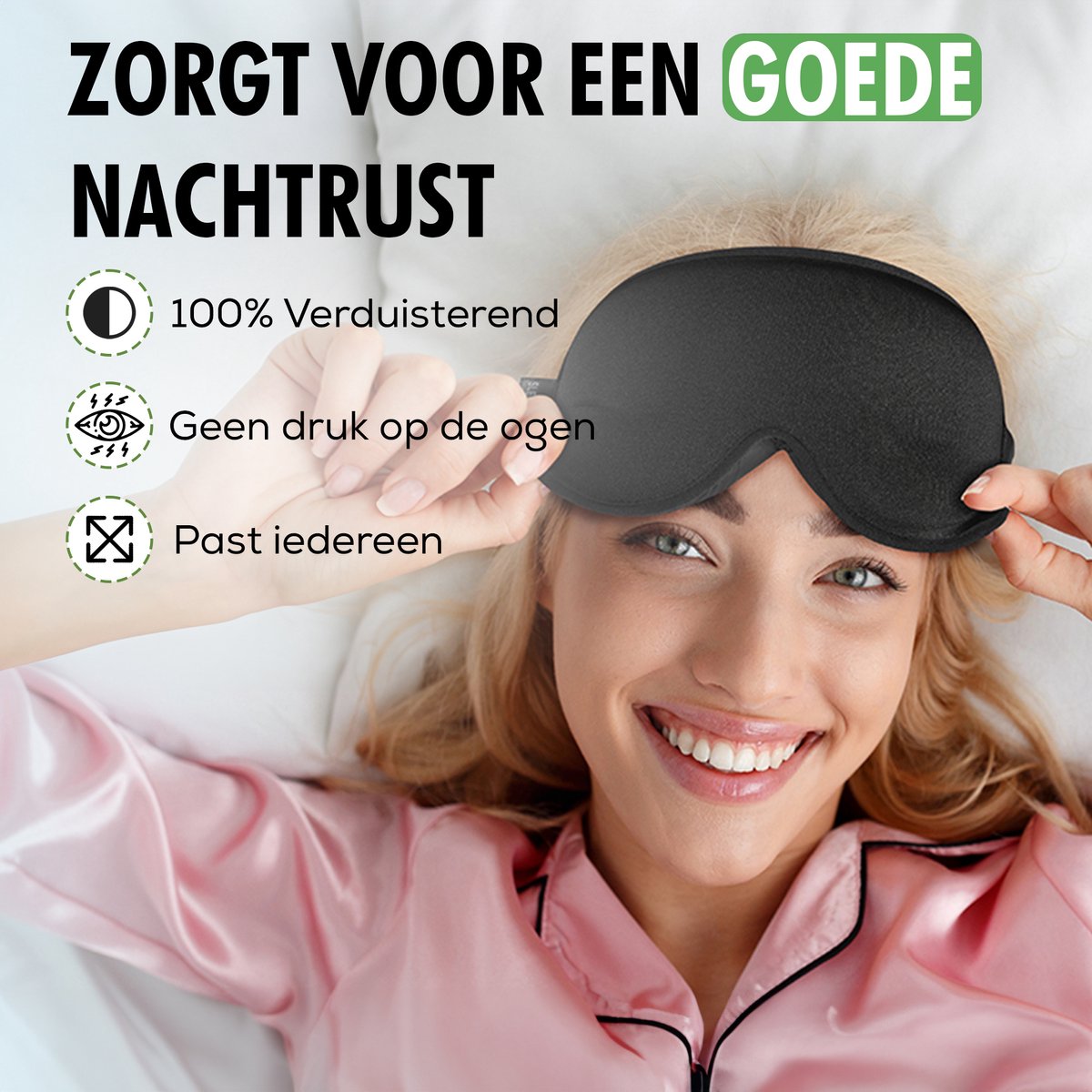 model draagt travelhawk slaapmasker reclinend