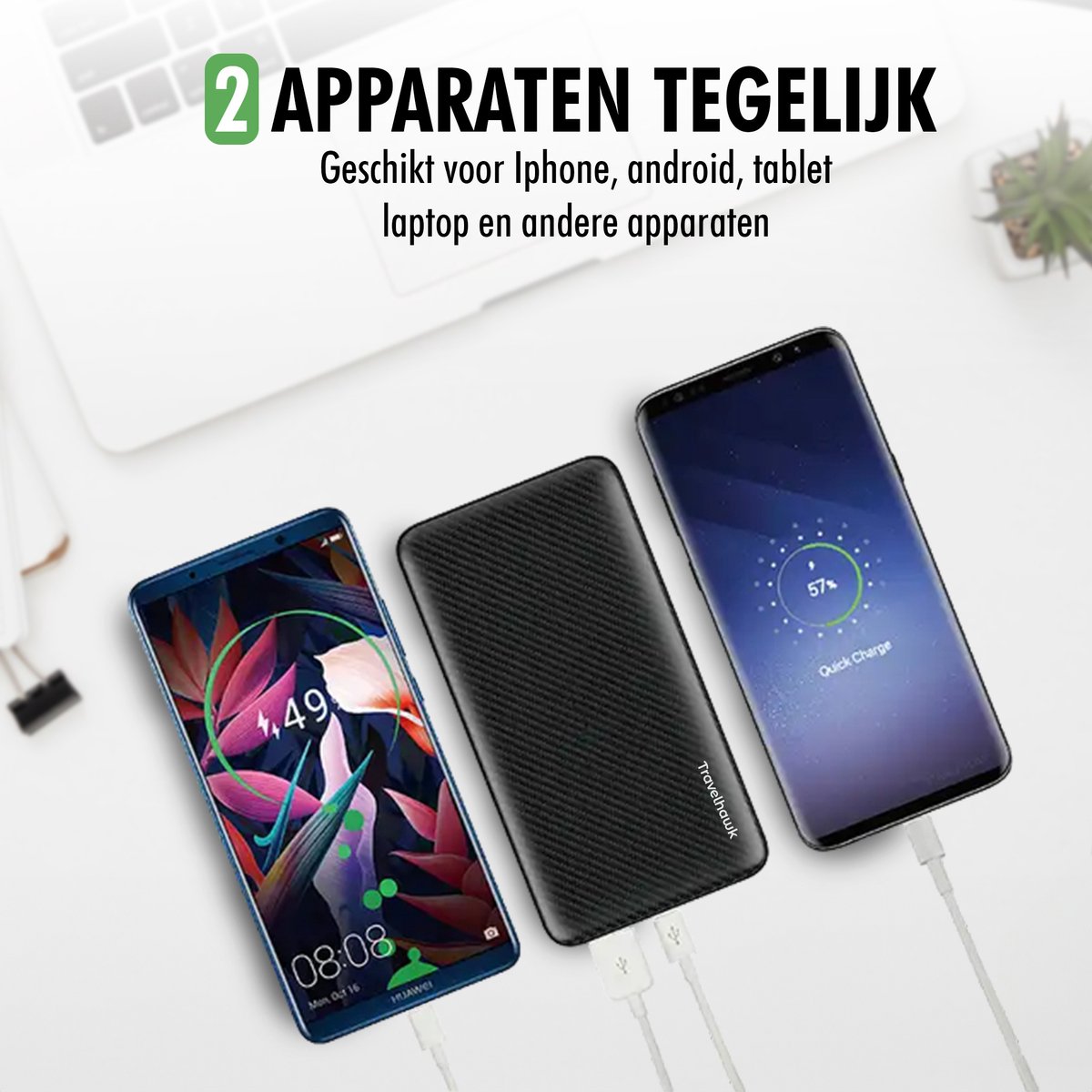 smartphone aangesloten op travelhawk powerbank