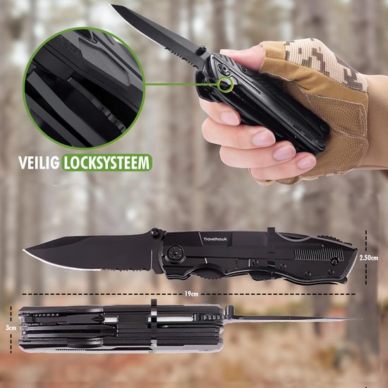 travelhawk multitool zakmes geopend met meerdere tools zichtbaar
