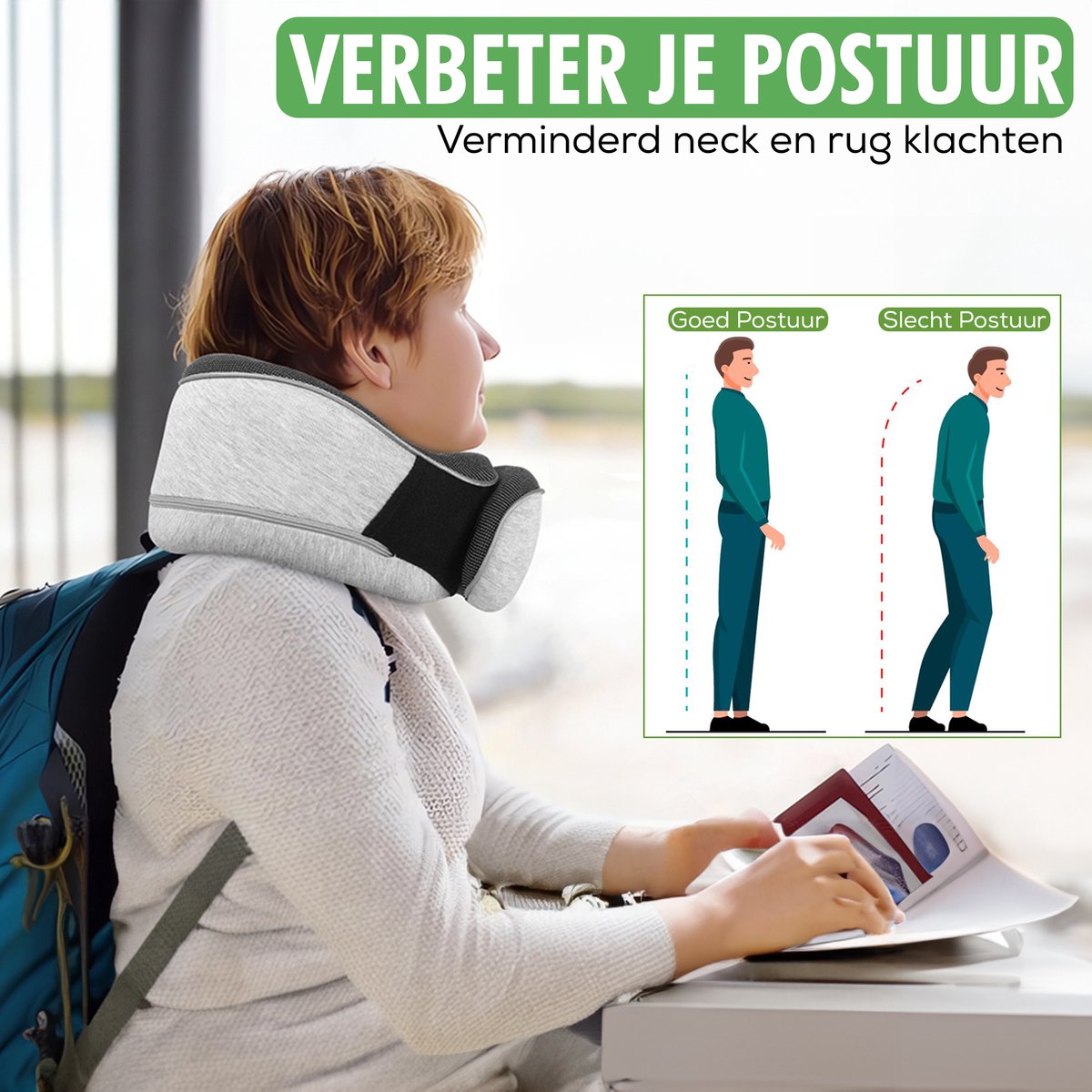 travelhawk nekkussen traagschuim grijs op tafel
