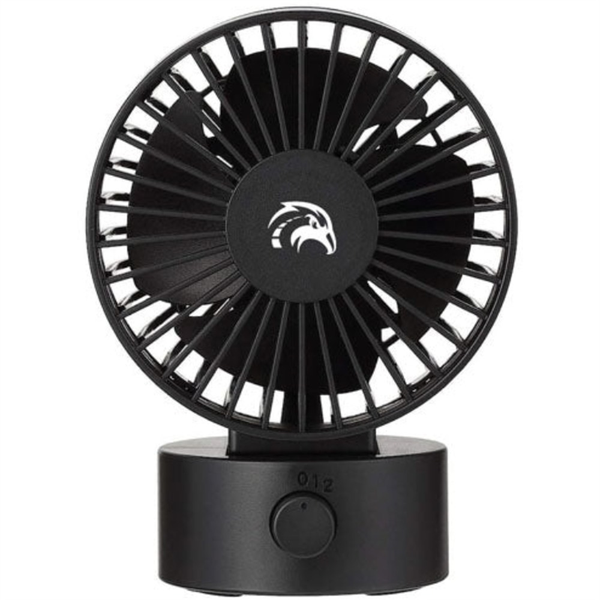 Zwarte Travelhawk mini USB-tafelventilator met ronde voet en draaiknop