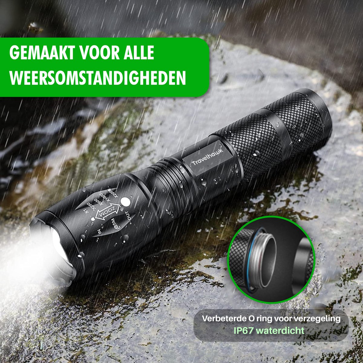 waterdichte travelhawk led zaklamp tijdens regen