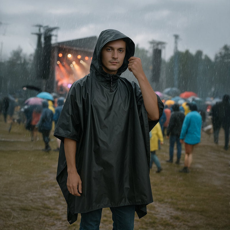 Man in een Travelhawk regenponcho in de regen