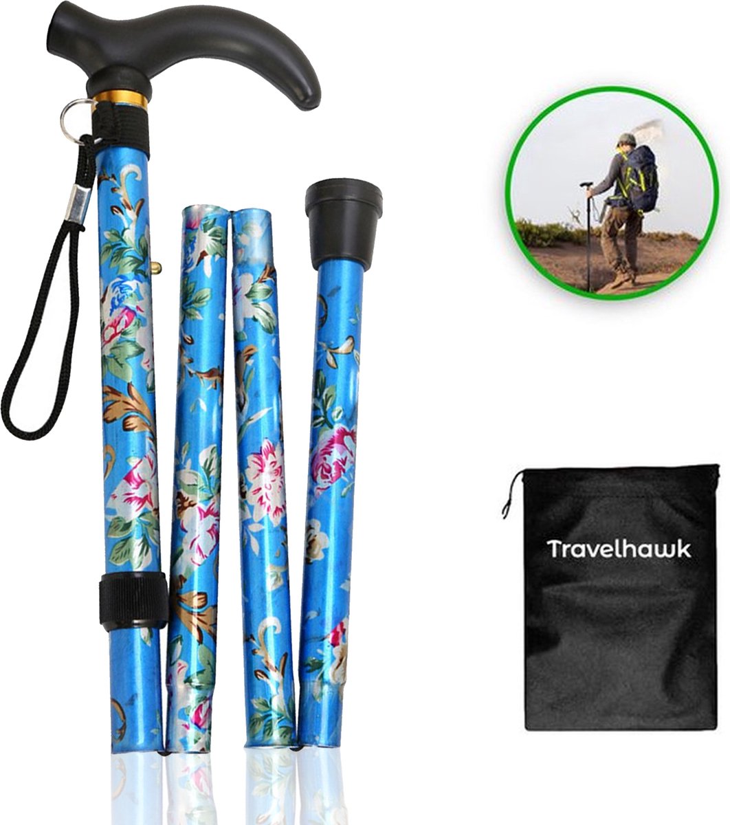 Travelhawk opvouwbare wandelstok met blauwe bloemenprint en opbergzakje