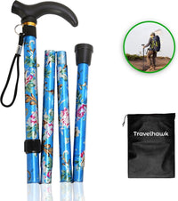 Travelhawk opvouwbare wandelstok met blauwe bloemenprint en opbergzakje