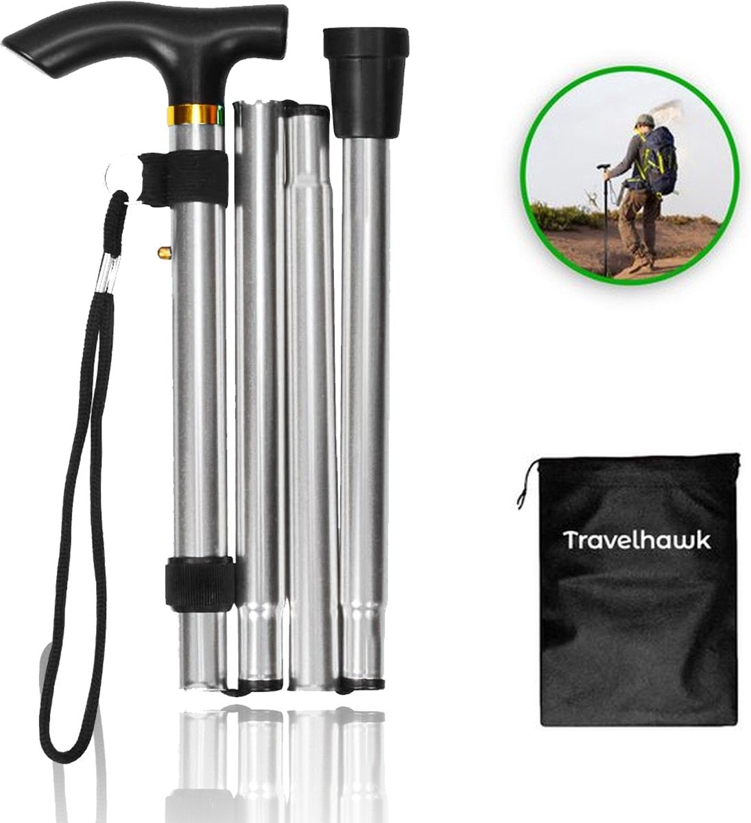 Travelhawk opvouwbare wandelstok in zilver met opbergzakje