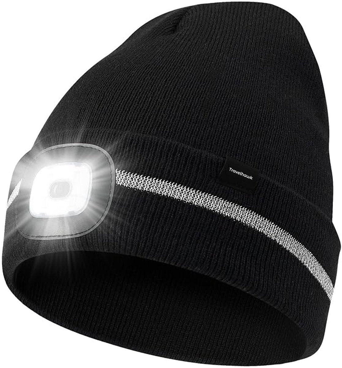 Zwarte Travelhawk wintermuts met LED-lamp en reflecterende streep