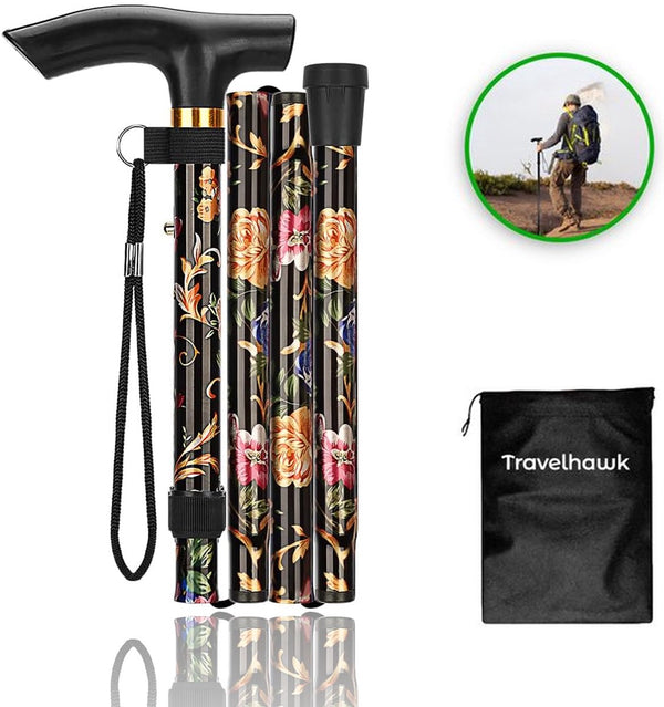 Travelhawk opvouwbare wandelstok met zwart-goud bloemenprint en opbergzakje