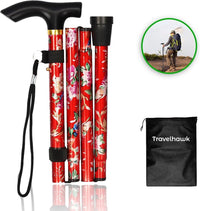 Travelhawk opvouwbare wandelstok met rode bloemenprint en opbergzakje