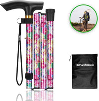 Travelhawk opvouwbare wandelstok met roze-rode bloemenprint en opbergzakje