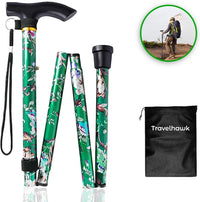 Travelhawk opvouwbare wandelstok met groene bloemenprint en opbergzakje