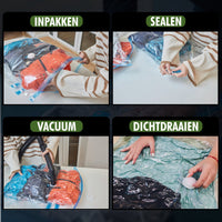 Vacuümzakken gebruiken in vier stappen: inpakken, sluiten, vacuüm trekken en dichtdraaien