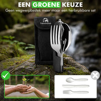 Inklapbaar Travelhawk campingbestek 4-in-1 met etui in de natuur